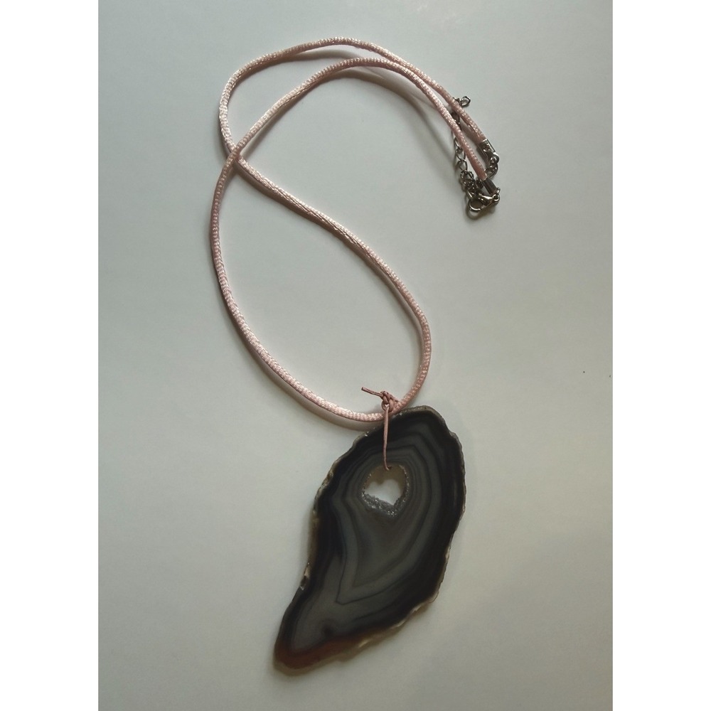 Brazilian Agate Geode Slice Pendant Necklace On‎ Pink Hemp Cotton Cord 18" OOAK